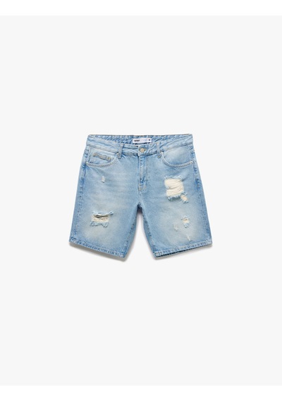 Koton Pamuklu Yırtık Detaylı Bermuda Slim Fit Jean Şort Orta İndigo 5sam40005ıd İndigo
