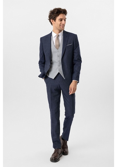 Süvari Lacivert Slim Fit Desenli Sivri Yaka 6 Drop Yelekli Klasik Takım Elbise