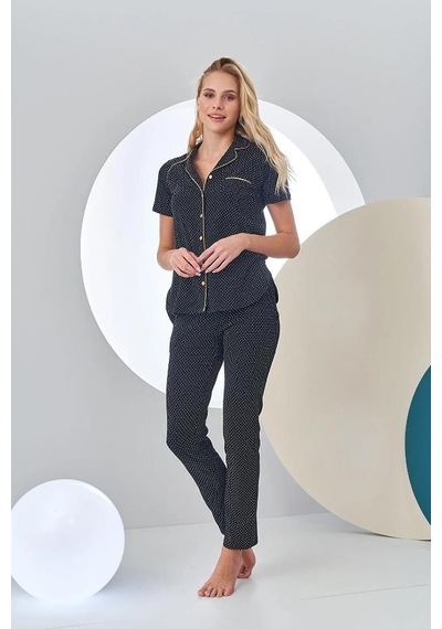 Pjs 24213 Kadın Puantiyeli Düğmeli Pijama Takım 001