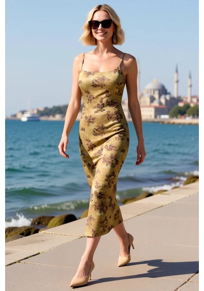 Benerly Kadın İnce Askılı Kare Yaka Çiçek Desenli Bodycon Midi Esnek Örme Yeşil