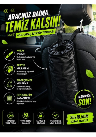 Tr Araç İçi Çöp Torbası Askılı Su Geçirmez Organizer Araç Çöp Kovası Seyahat Tipi Çöp Torbası Araç Kolt Genel