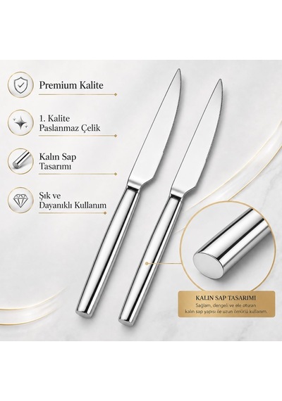 Yemek Bıçağı, 2'li Paslanmaz Çelik Bıçak Seti, Premium Kalite, Gümüş Metal 20 Cm, 2 Adet İçeren Set Çok Renkli
