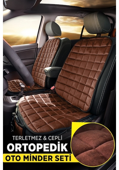 Premium Cepli Ortopedik Oto Koltuk Minder Seti - Oto Koltuk Kılıfı - Ön 2 Koltuk Set - Kahverengi
