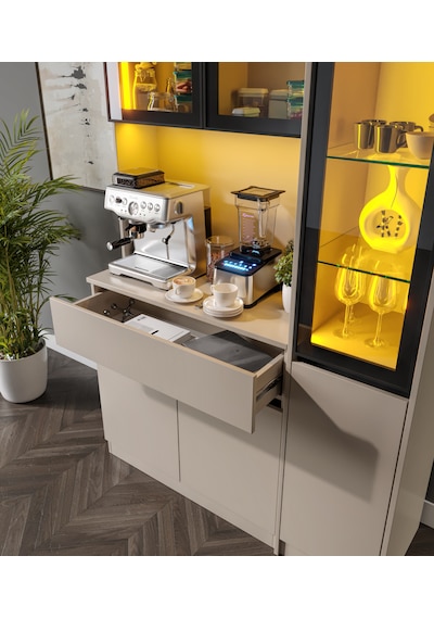 Viona Kum Beji Midi Sağ Vitrinli Komple Mdf Led Aydınlatmalı Kahve Köşesi Bej