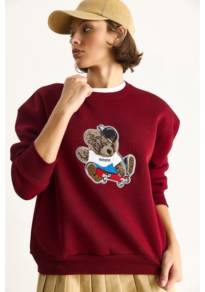 Shade Kadın Teddy Nakış İşlemeli Bisiklet Yaka Salaş Sweatshirt 6864 60283522 - Bordo