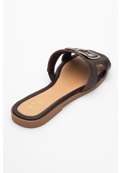 Luvishoes Luvi Shoes Millie Kahverengi Hakiki Deri Tokalı Kadın Terlik Kahverengi