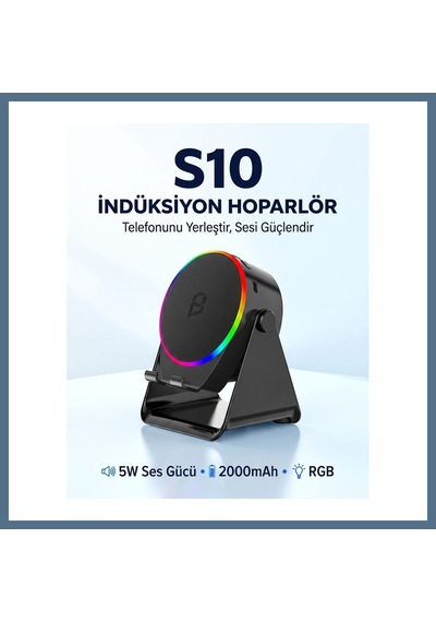 Buradabulabilirsin S10 5w Bluetooth + Temasıyla Ses Yükselten İndüksiyon Hoparlör 2000 Mah Rgb Işıklı Standlı 5in Speaker Bbz