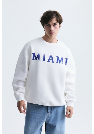 Vamos Miami Baskılı Bisiklet Yaka Sweatshirt Ekru