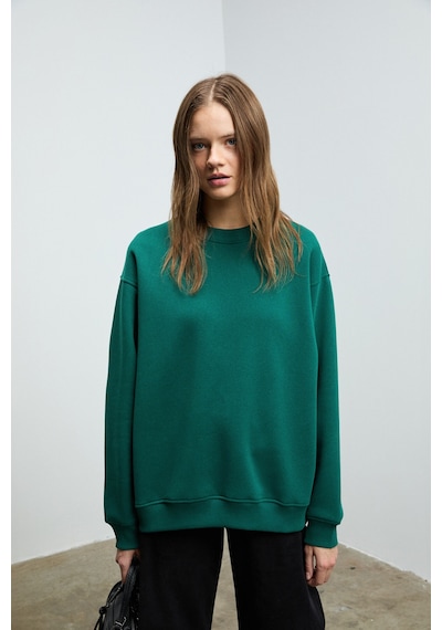 Grımelange KARIUS Kadın Organik Pamuklu İçi Polarlı Oversize Yuvarlak Yakalı Koyu Yeşil Sweatshirt