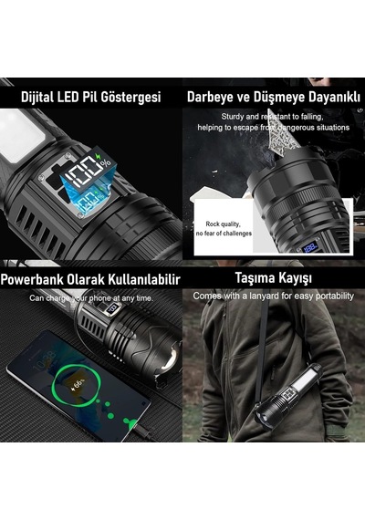 Şarjlı El Feneri 5400mah 30w 9 Mod Powerbank Özellikli 6km Aydınlatma Genel