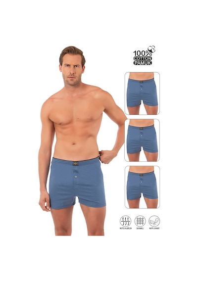 Özkan Underwear Özkan 0041 3'lü Paket Erkek %100 Pamuklu Şardonlu Klasik Rahat Kesim Havlu Bel Süprem Penye Boxer Mavi