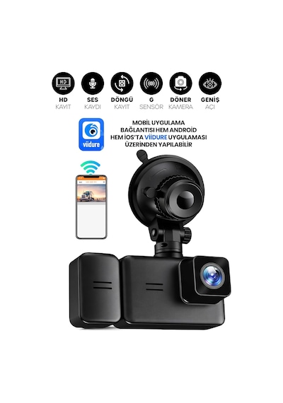 3 Kameralı Wifi Ekran Araç Kamerası Fullhd Geniş Ön + Arka + Araç İçi Kamera Hareket Sensörü Ef
