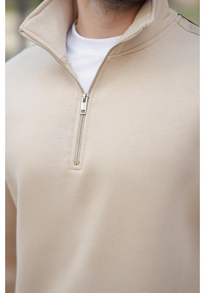 Madmext Bej Fermuarlı Yarım Balıkçı Yaka Erkek Sweatshirt E7164 Bej