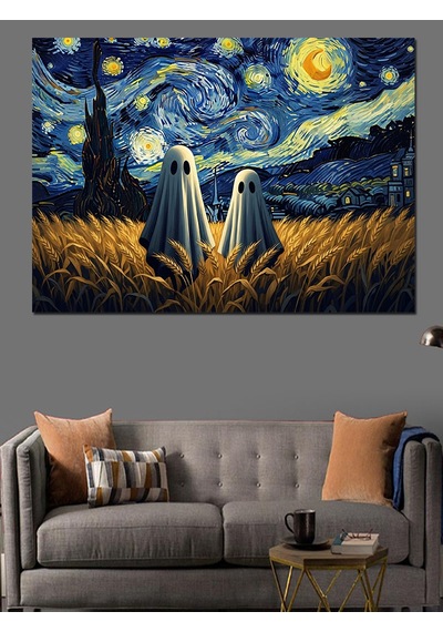 Yıldızlı Gece Van Gogh Hayalet İllüstrasyonu Dekoratif Kanvas - Mdf Ahşap Tablo
