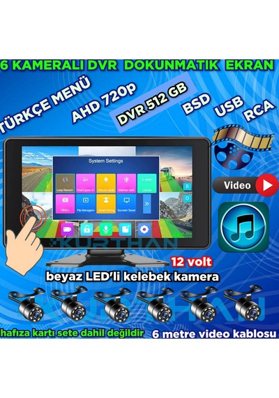 10 İnç 6 Ch 512 Gb Dokunmatik Usb Bsd Dvr Ekran Ahd 720p Rca Beyaz Ledli Kelebek Kamera 12 Volt