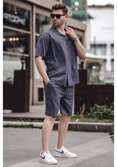 Madmext Erkek Füme Basic Oversize Gömlek Takımı 5588