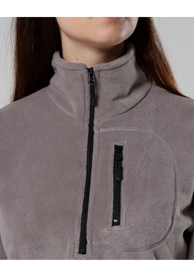 Genius Store Kadın Polar Yarım Fermuarlı Outdoor Cepli Spor Polar Gri Açık Gri