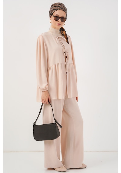 Bigdart Kadın Önü Bağcıklı Tunik Pantolon İkili Takım 6744 - Krem