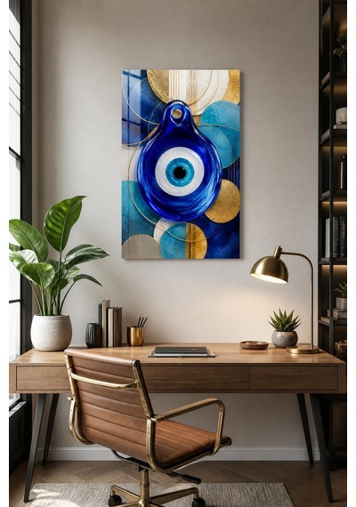 Nazar Motifli Baskılı Cam Tablo Modern Mavi Altın Dekoratif Duvar Tablosu