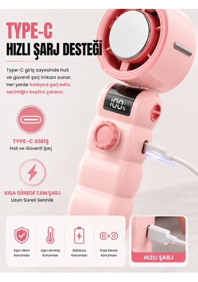 199 Kademeli Şarjlı El Vantilatörü Soğutmalı Mini Fan Dijital Ekranlı Type-c Şarjlı Taşınabilir El Fanı Boyun Askılı Pembe