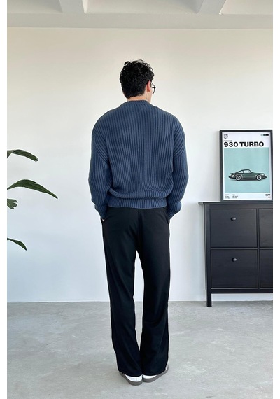İndigo Bisiklet Yaka Fitilli Oversize Triko Kazak İndigo