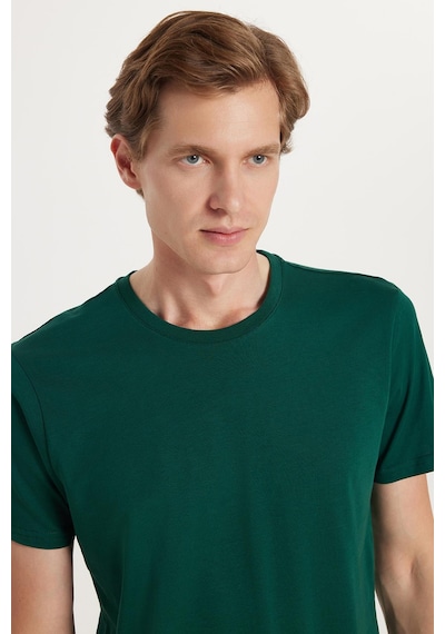 Tudors Unisex Slim Fit Dar Kesim %100 Pamuk Yumuşak Dokulu Yeşil Bisiklet Yaka Tişört-34611 Yeşil