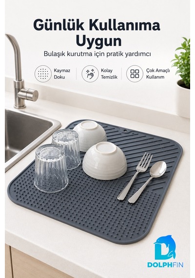 Silikon Bulaşık Kurutma Matı 38x28 Cm Kaymaz Tezgâh Üstü Gri Mutfak Matı