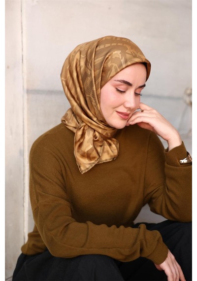 Silk Home Twill İpek Eşarp Asit Yağ Yeşili Haki Desenli Tok Duruşlu 90x90 Çok Renkli