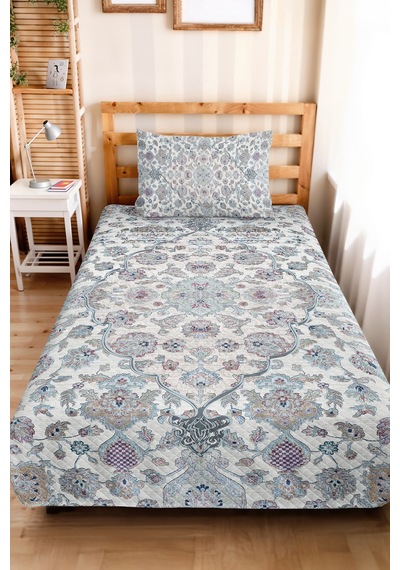 Mavi Etnik Otantik Tek Kişilik Pike Takımı - Bohem Şal Motifli Gri 160x220 Cm Kapitone Yatak Örtüsü Mahmur Sis Kokusu