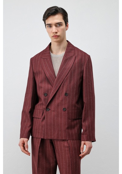 Antioch Keten Karışımlı Çizgili Erkek Blazer Ceket Bordo