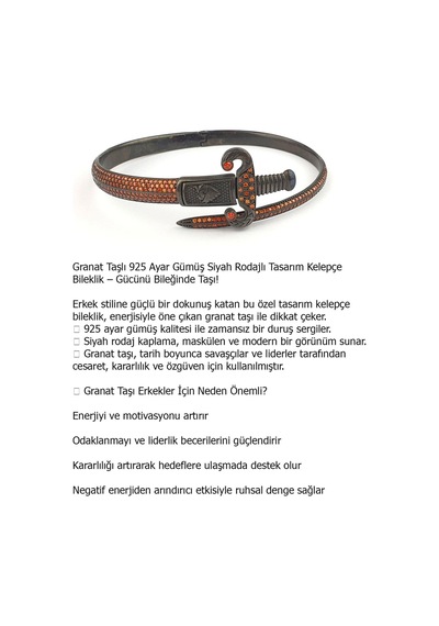 Granat Taşlı 925ayar Gümüş Siyah Rodajli Tasarım Kelepçe Bileklik Gümüş