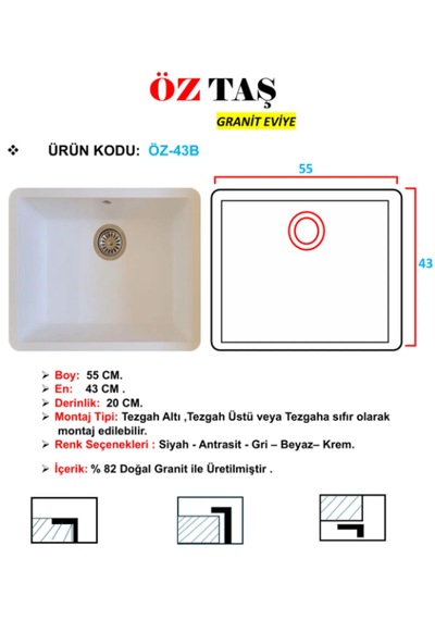 Öztaş ÖZ-43b Granit Mutfak Eviye Beyaz Tek Gözlü 43 x 55 CM
