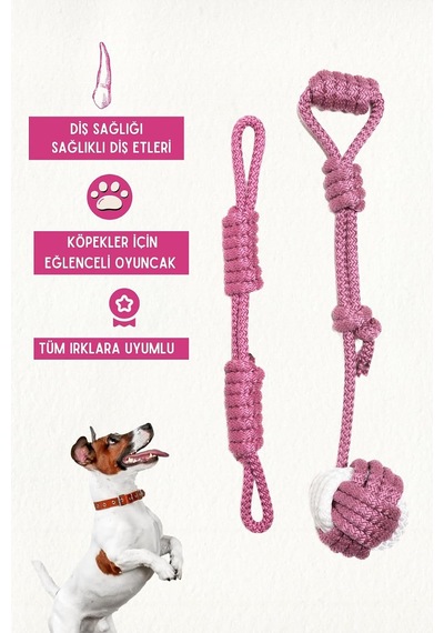 Dörtlü Set Köpek Oyuncağı Sesli Çekiştirmeli Peluş İp Oyuncak Köpek Oyun Topu Pembe
