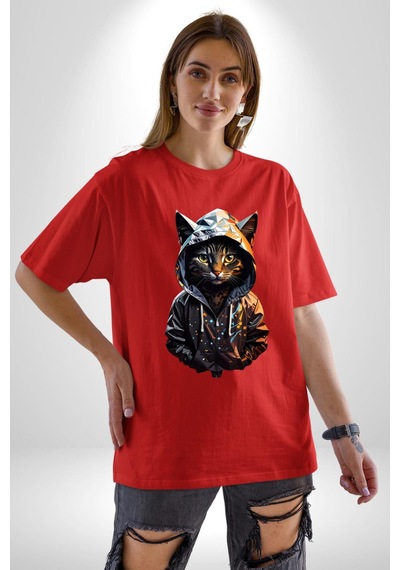 Hip Hop Gençlik Kedi Çeket Pamuklu Bisiklet Yaka Unisex Oversize Boyfriend Dijital Baskılı Kırmızı T-shirt Kırmızı