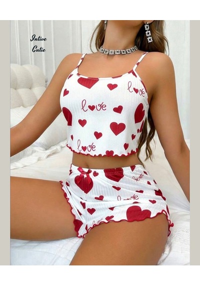 Intive Cutie Love Yazılı Kalp Desenli İnce Askılı Bralet Şort Takım/pijama Takımı Beyaz