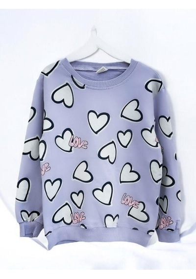 Kız Çocuk Kalp Desenli Pamuklu Sweatshirt-14301 Lila