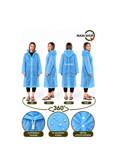 Mainshop Unisex Yağmurluk Kapüşonlu Çıtçıtlı Su Geçirmez Uzun Yağmurluk Kadın Erkek Mavi