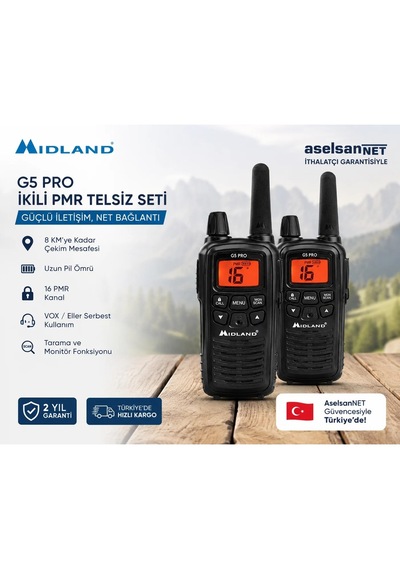 Aselsan Midland G5 Pro Pmr446 Lisanssız Telsiz 2'li Set Kulaklık Hadiyeli