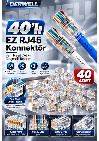 3in1 Rj45 Cat6 Konnektör Seti 40 Adet Paket - Altın Kaplama Network Ezme Jakı - İnternet Ve Ethernet Utp Kablo Başlığı - Yüksek Hızlı Veri İletimi Uyumlu - Profesyonel Ağ Kurulumu Modeli Jak Seti
