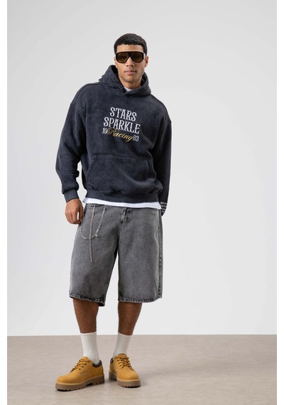 Vamos Oversize Nakış Baskılıkapüşonlu Sweatshirt Siyah