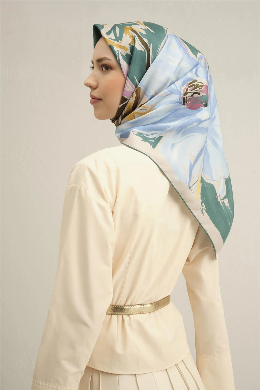 Armine Çiçek Desenli Saf İpek Twill Eşarp 9337d 50 Yeşil