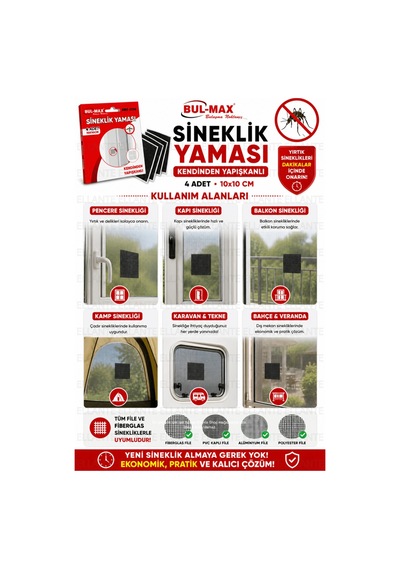 Kendinden Yapışkanlı Sineklik Yaması 4 Adet 10x10 Cm Sineklik Tamir Bandı Delik Yırtık Onarım Yaması