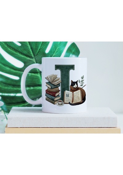 I Harf Kedi Ve Kitaplar Figürleri İle Kupa Bardak - Kitap Ve Kedi Severlere Özel - Manevi Hediye Beyaz