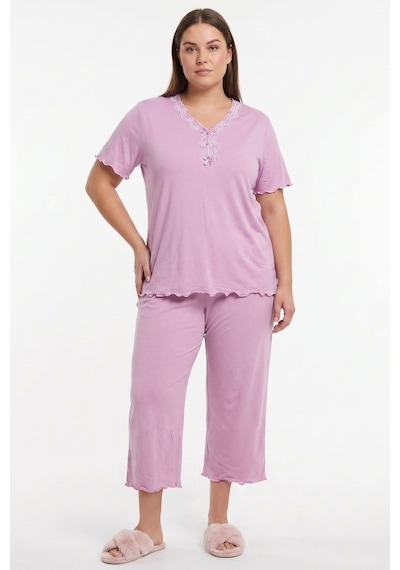 Kompedan Kadın Bambu Önü Düğmeli Yaka Dantelli Büyük Beden Kapri Pijama Takımı Pudra 1000-80