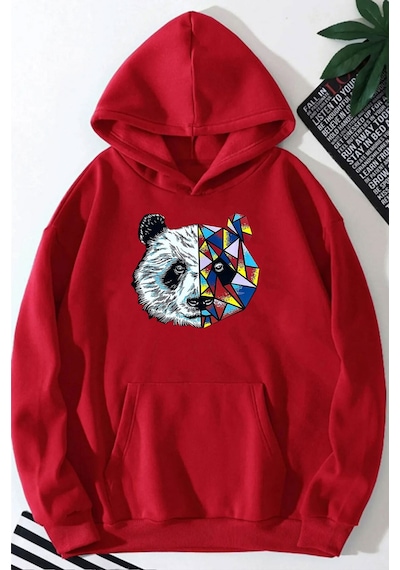 Medinenur Panda Baskılı Kapüşonlu Sweatshirt Kırmızı