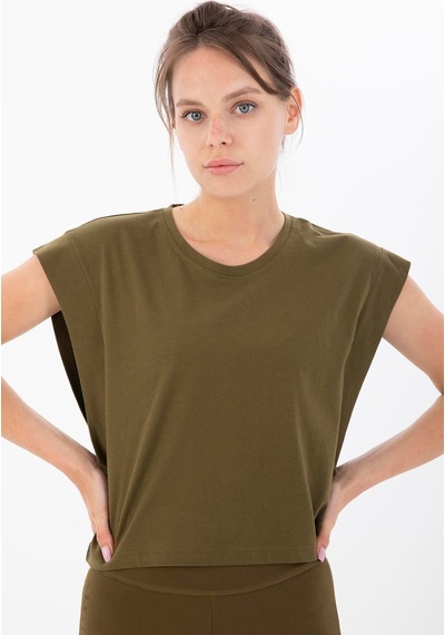 Maraton Sportswear Regular Kadın Bisiklet Yaka Kısa Kol Basic Zeytin Crop Top 20878 Zeytin Yeşili