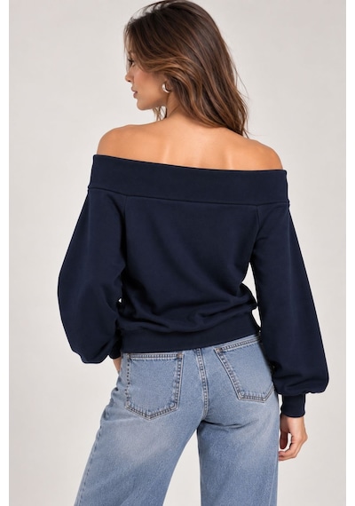 Sortie Collection Madonna Yaka Çiçek Nakışlı 3 İplik Sweatshirt Lacivert