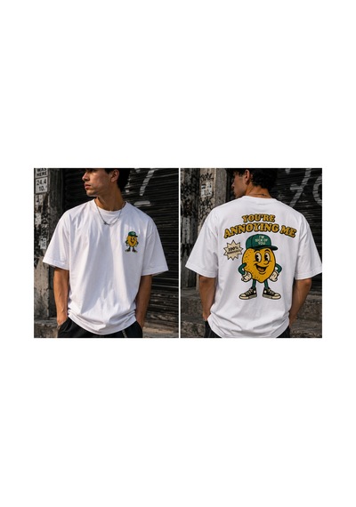 Qmen Style Unisex Beyaz Oversize Baskılı T-shirt Limon %100 Pamuk
