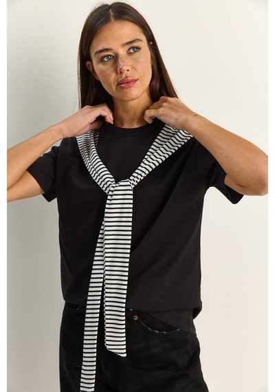 Shade Kadın Çizgili Şal Detaylı Relaxed Basic T-shirt 7679 60286112 - Siyah