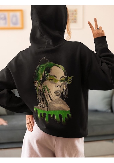 Sevbano Tasarım Billie Eilish Baskılı Unisex Oversize Tasarım Şarkıcı Hoo Siyah